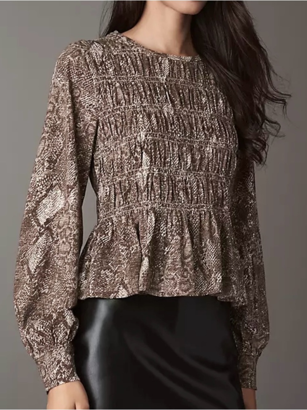Pilcro Anthropologie Snake Print Smocked Peplum Blouse Brown Tan Top Large